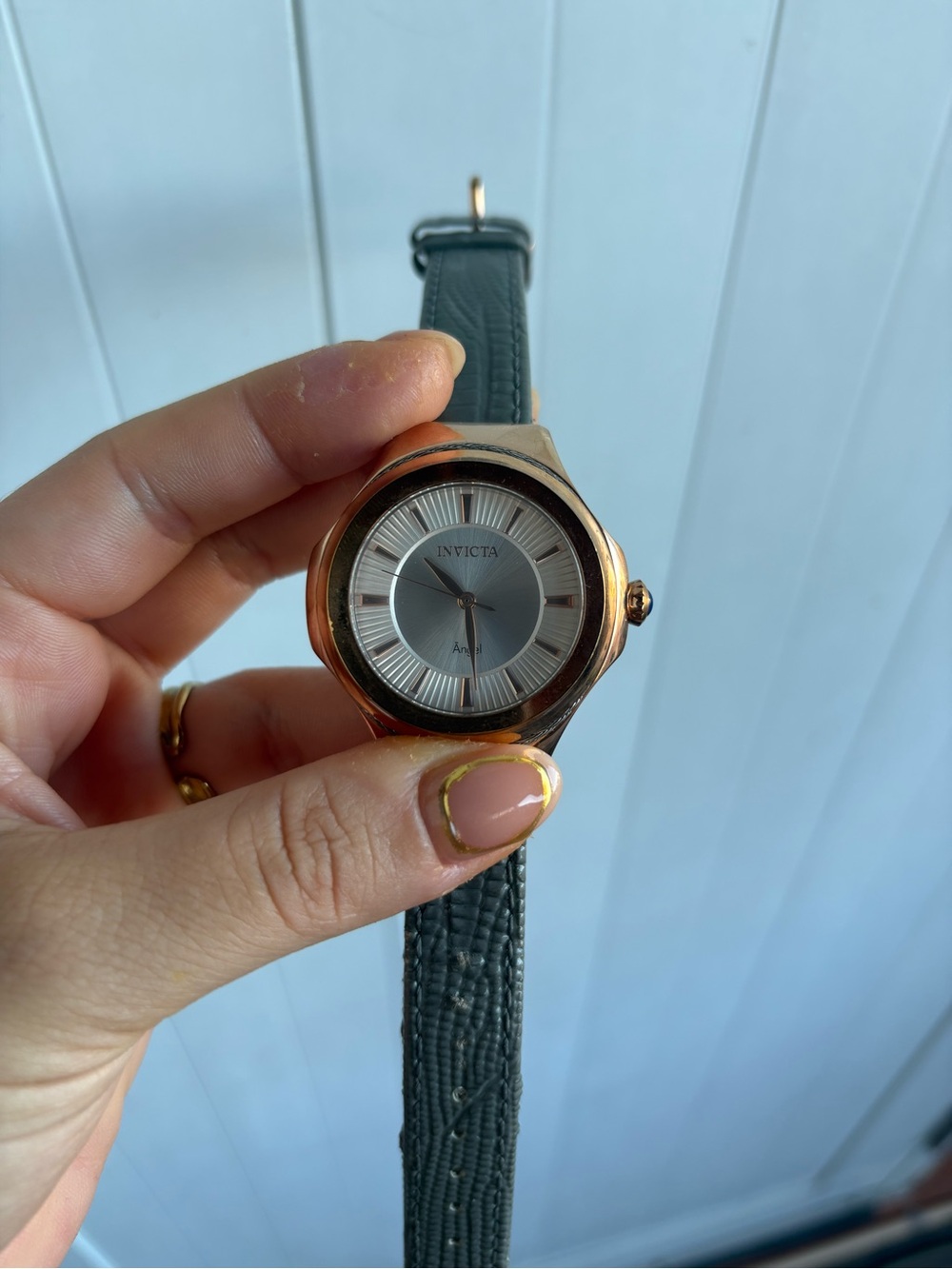 Invicta Rose Gold Case Silver Dial Gray Leather Strap Watch
